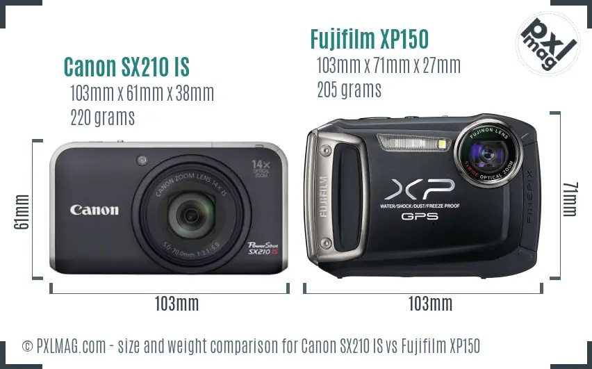 Canon SX210 IS vs Fujifilm XP150 size comparison