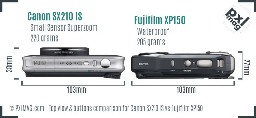 Canon SX210 IS vs Fujifilm XP150 top view buttons comparison