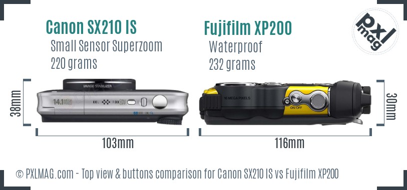 Canon SX210 IS vs Fujifilm XP200 top view buttons comparison