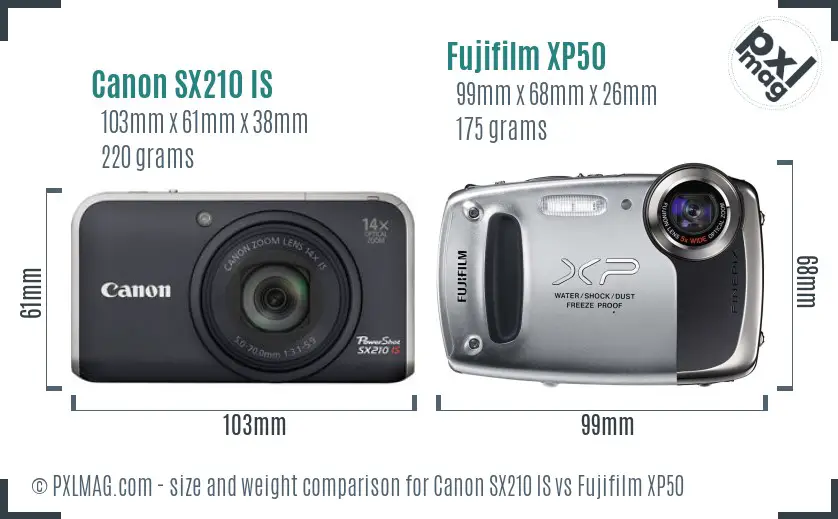 Canon SX210 IS vs Fujifilm XP50 size comparison Canon SX210 IS vs Fujifilm XP50 size comparison