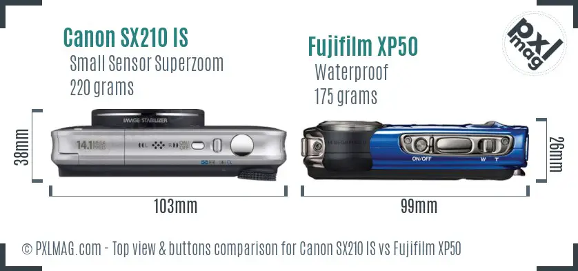 Canon SX210 IS vs Fujifilm XP50 top view buttons comparison Canon SX210 IS vs Fujifilm XP50 top view buttons comparison