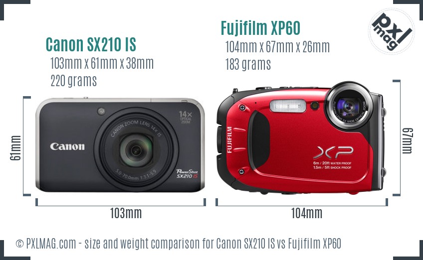 Canon SX210 IS vs Fujifilm XP60 size comparison