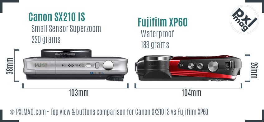Canon SX210 IS vs Fujifilm XP60 top view buttons comparison