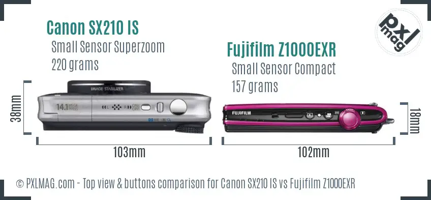 Canon SX210 IS vs Fujifilm Z1000EXR top view buttons comparison