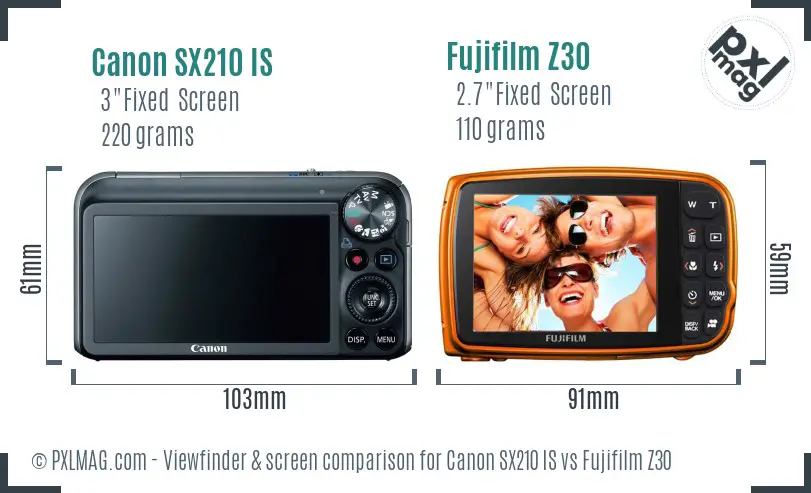 Canon SX210 IS vs Fujifilm Z30 Screen and Viewfinder comparison