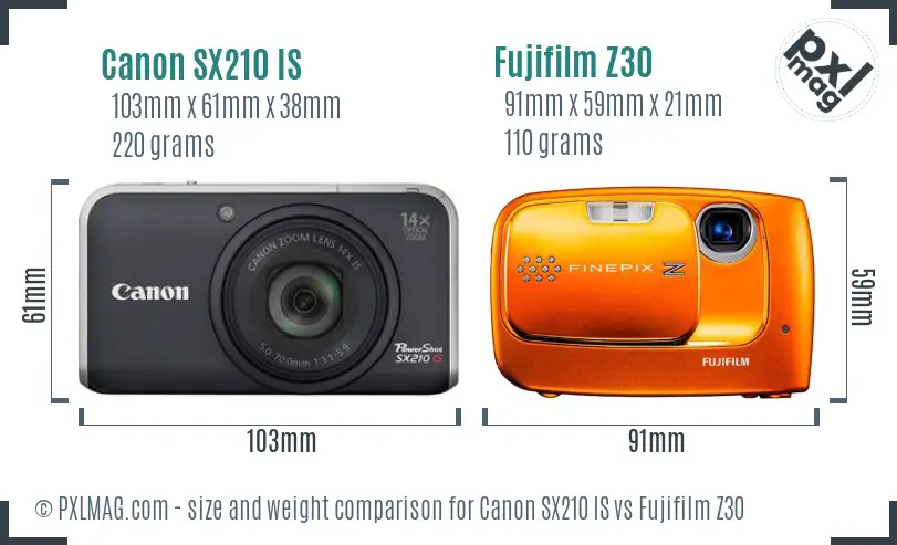 Canon SX210 IS vs Fujifilm Z30 size comparison