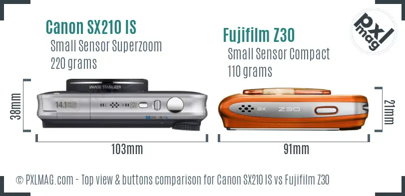 Canon SX210 IS vs Fujifilm Z30 top view buttons comparison