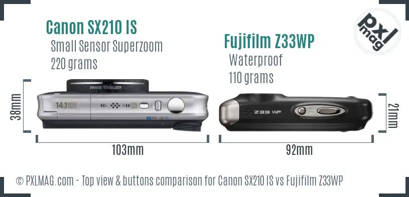 Canon SX210 IS vs Fujifilm Z33WP top view buttons comparison