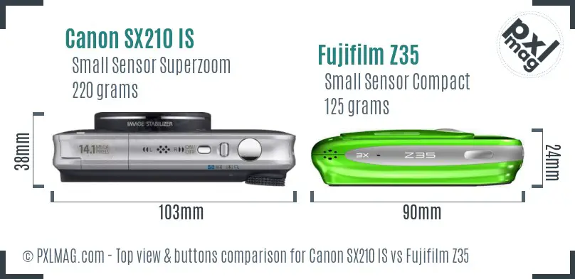 Canon SX210 IS vs Fujifilm Z35 top view buttons comparison