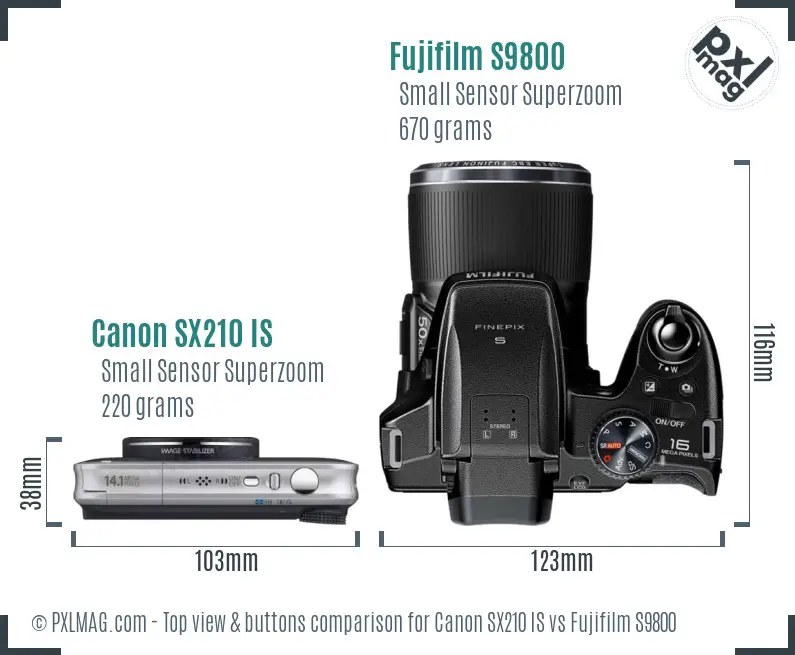 Canon SX210 IS vs Fujifilm S9800 top view buttons comparison