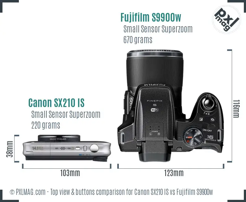 Canon SX210 IS vs Fujifilm S9900w top view buttons comparison