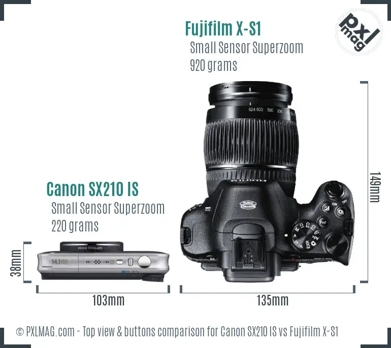 Canon SX210 IS vs Fujifilm X-S1 top view buttons comparison