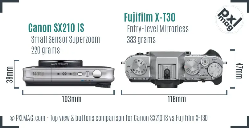 Canon SX210 IS vs Fujifilm X-T30 top view buttons comparison