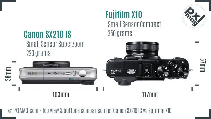 Canon SX210 IS vs Fujifilm X10 top view buttons comparison