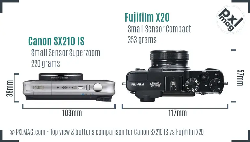 Canon SX210 IS vs Fujifilm X20 top view buttons comparison