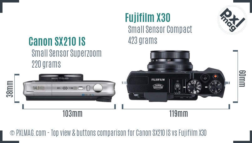 Canon SX210 IS vs Fujifilm X30 top view buttons comparison