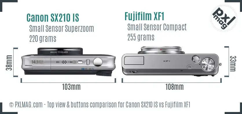 Canon SX210 IS vs Fujifilm XF1 top view buttons comparison