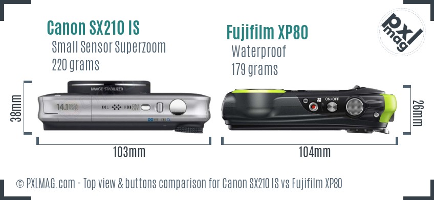 Canon SX210 IS vs Fujifilm XP80 top view buttons comparison
