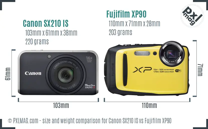 Canon SX210 IS vs Fujifilm XP90 size comparison