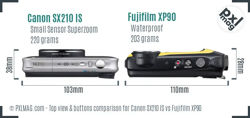 Canon SX210 IS vs Fujifilm XP90 top view buttons comparison