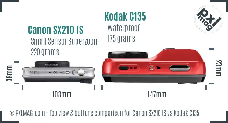 Canon SX210 IS vs Kodak C135 top view buttons comparison