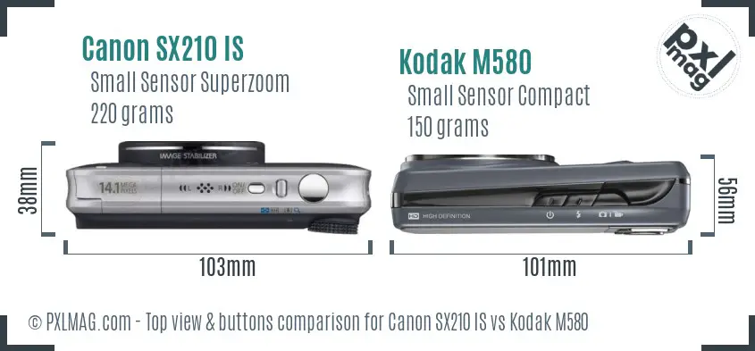 Canon SX210 IS vs Kodak M580 top view buttons comparison