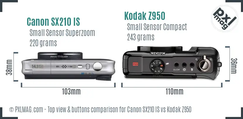 Canon SX210 IS vs Kodak Z950 top view buttons comparison Canon SX210 IS vs Kodak Z950 top view buttons comparison
