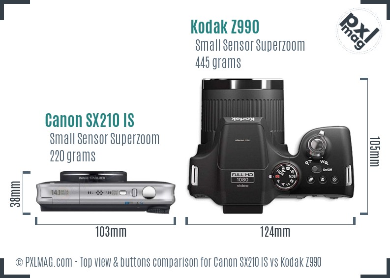 Canon SX210 IS vs Kodak Z990 top view buttons comparison
