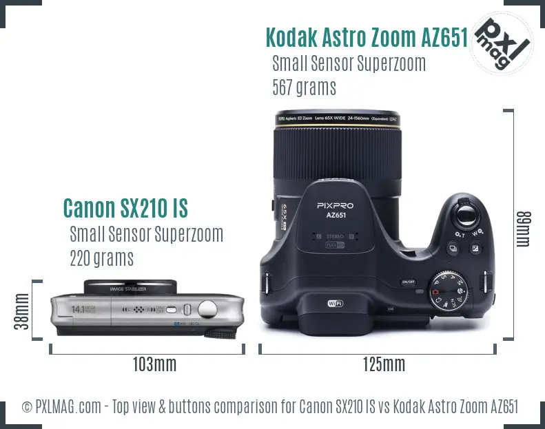 Canon SX210 IS vs Kodak Astro Zoom AZ651 top view buttons comparison