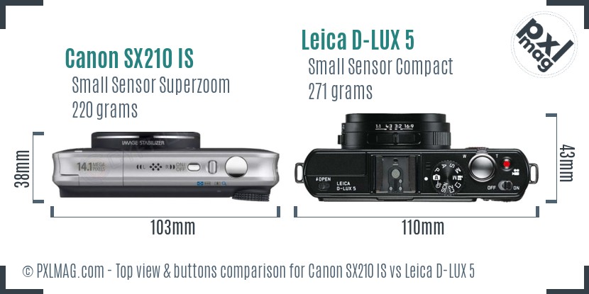 Canon SX210 IS vs Leica D-LUX 5 top view buttons comparison
