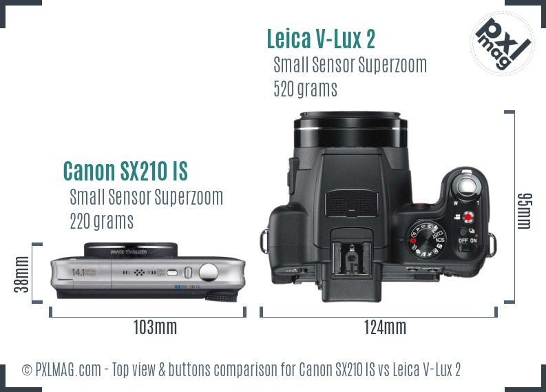 Canon SX210 IS vs Leica V-Lux 2 top view buttons comparison