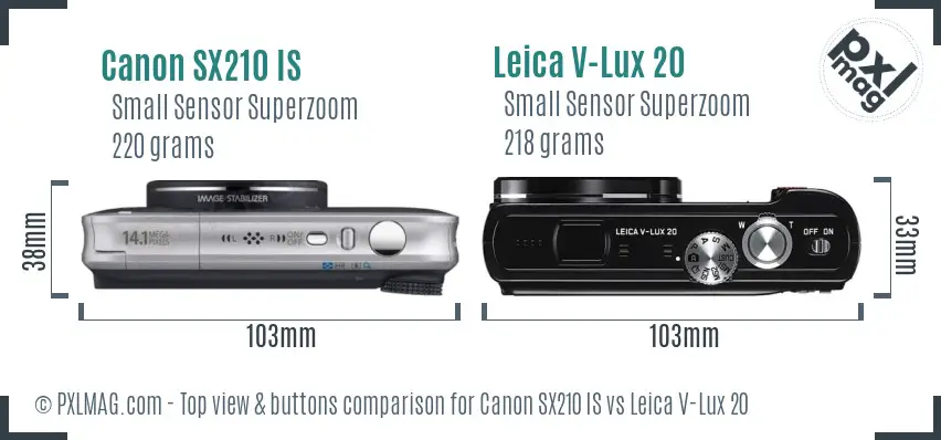 Canon SX210 IS vs Leica V-Lux 20 top view buttons comparison Canon SX210 IS vs Leica V-Lux 20 top view buttons comparison