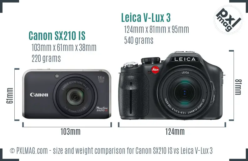 Canon SX210 IS vs Leica V-Lux 3 size comparison