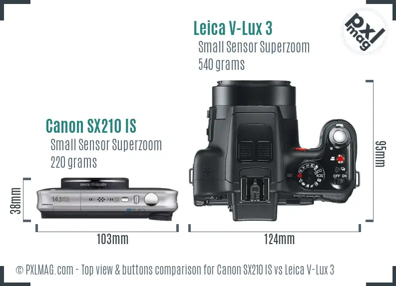 Canon SX210 IS vs Leica V-Lux 3 top view buttons comparison