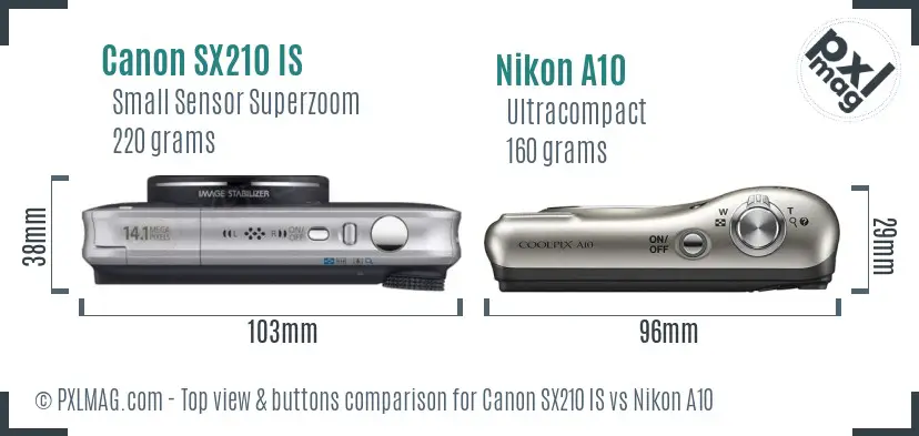 Canon SX210 IS vs Nikon A10 top view buttons comparison