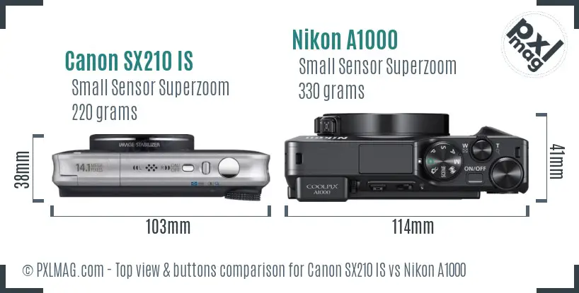 Canon SX210 IS vs Nikon A1000 top view buttons comparison