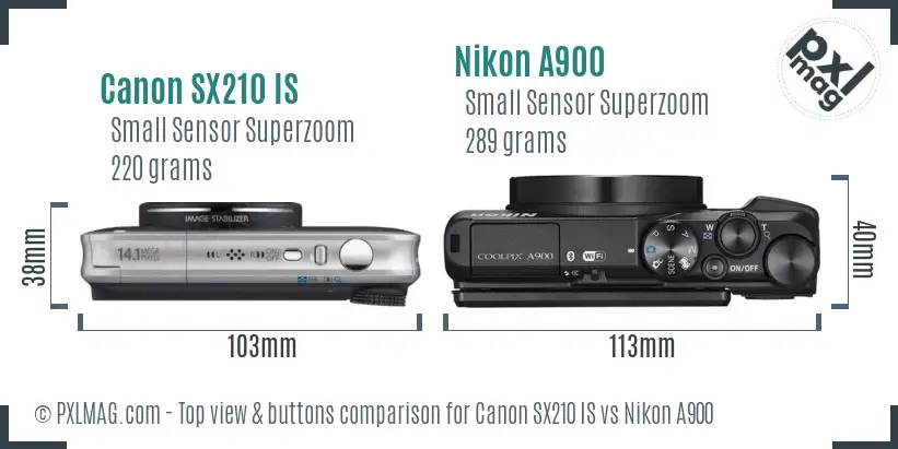 Canon SX210 IS vs Nikon A900 top view buttons comparison