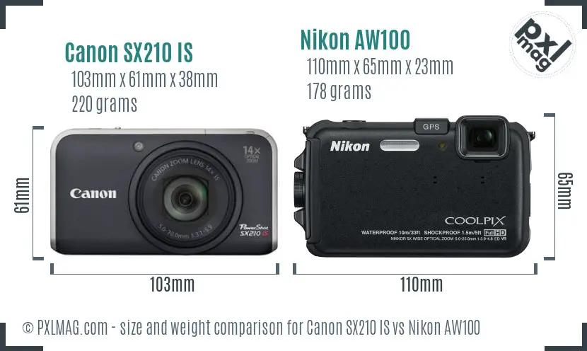 Canon SX210 IS vs Nikon AW100 size comparison