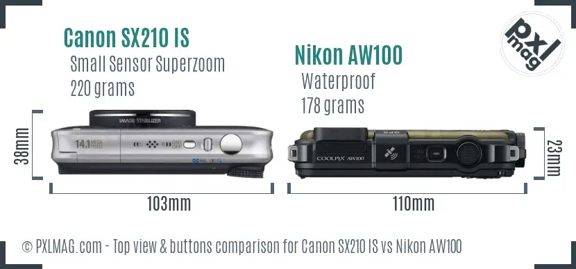 Canon SX210 IS vs Nikon AW100 top view buttons comparison