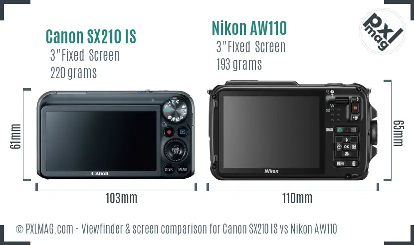 Canon SX210 IS vs Nikon AW110 Screen and Viewfinder comparison