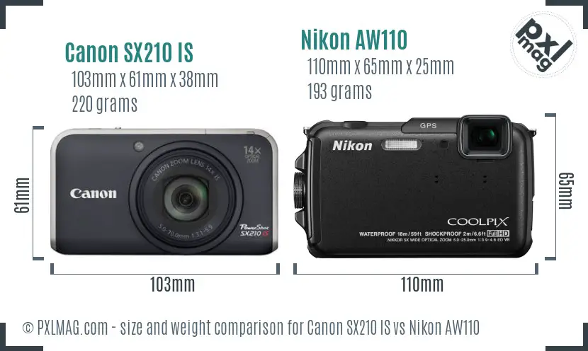Canon SX210 IS vs Nikon AW110 size comparison
