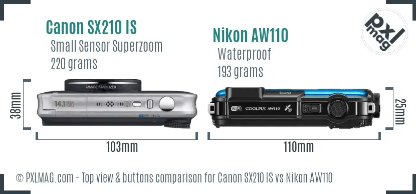 Canon SX210 IS vs Nikon AW110 top view buttons comparison