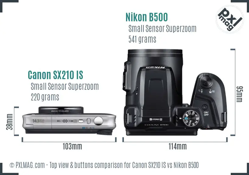 Canon SX210 IS vs Nikon B500 top view buttons comparison