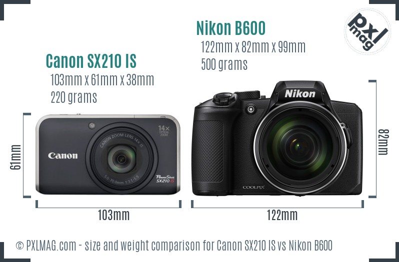 Canon SX210 IS vs Nikon B600 size comparison