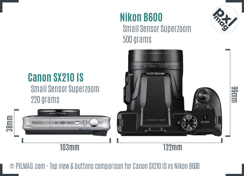 Canon SX210 IS vs Nikon B600 top view buttons comparison