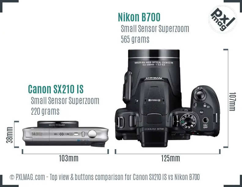 Canon SX210 IS vs Nikon B700 top view buttons comparison