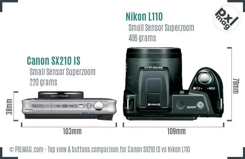 Canon SX210 IS vs Nikon L110 top view buttons comparison