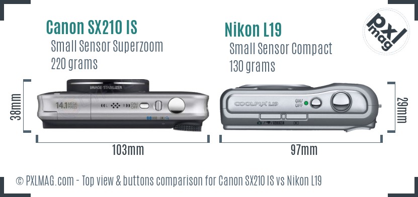 Canon SX210 IS vs Nikon L19 top view buttons comparison