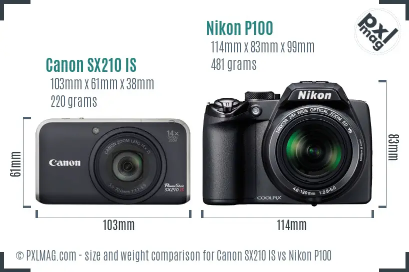 Canon SX210 IS vs Nikon P100 size comparison