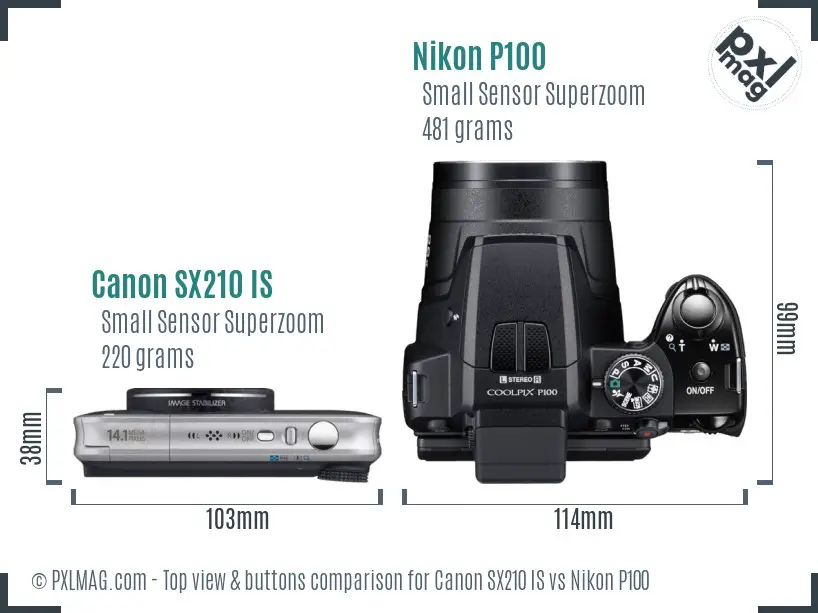 Canon SX210 IS vs Nikon P100 top view buttons comparison